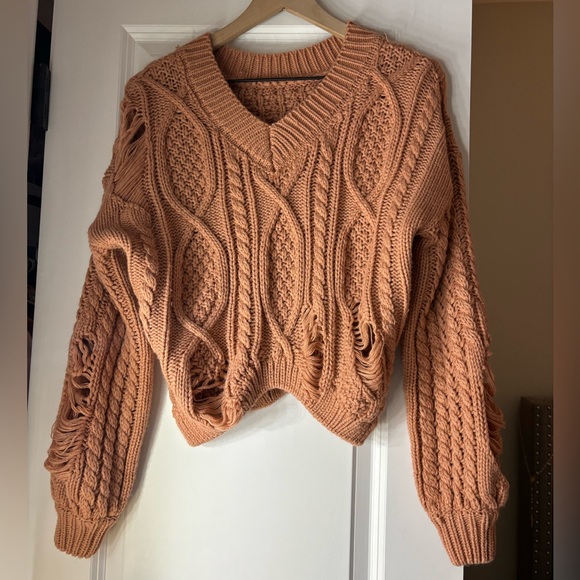 Dynamite Sweaters - Dynamite Burnt Orange Fringe Cable Knitted Cropped V-Neck Sweater Size Medium